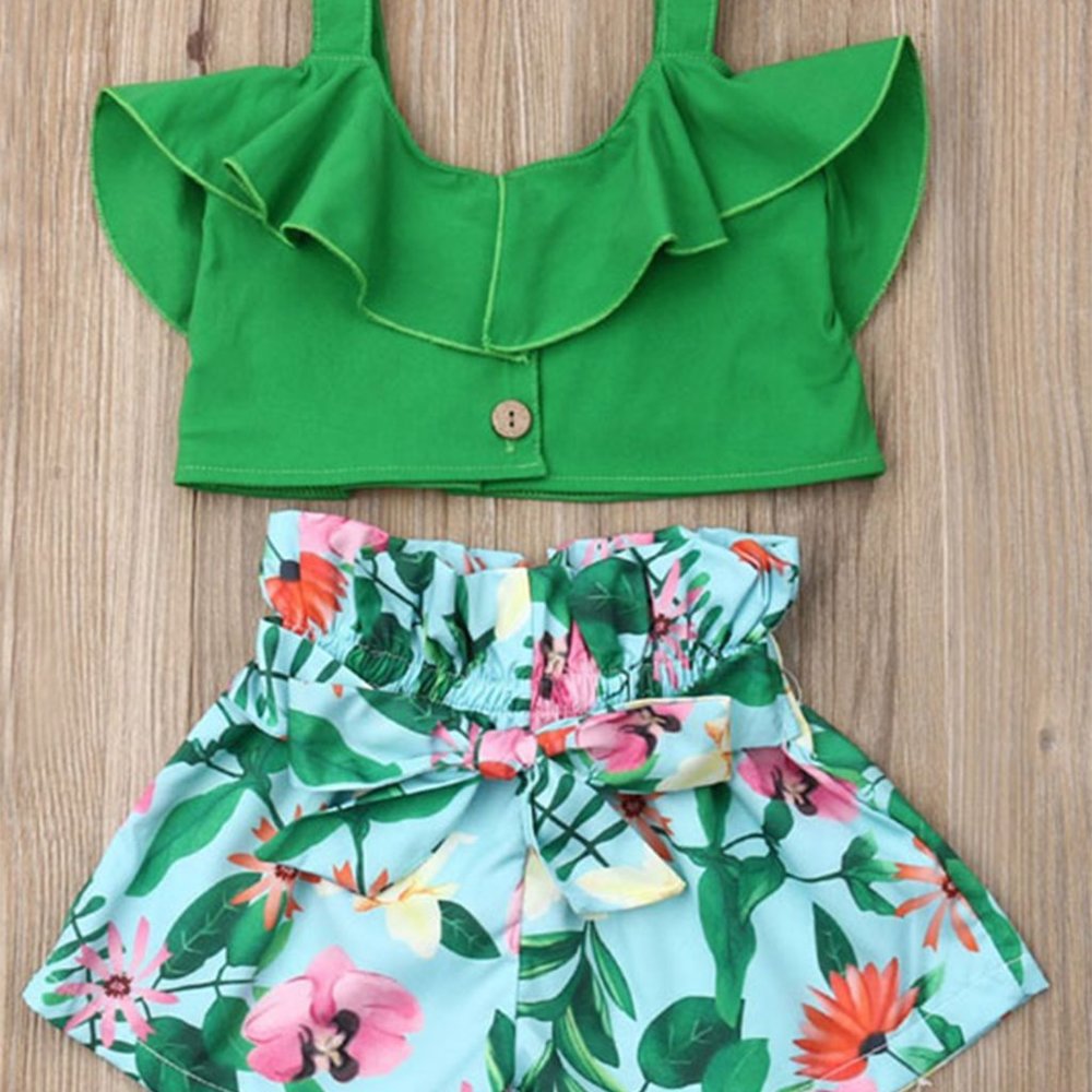 Green Ruffle Crop Top and Floral Shorts 2pcs Little Girl Outfit